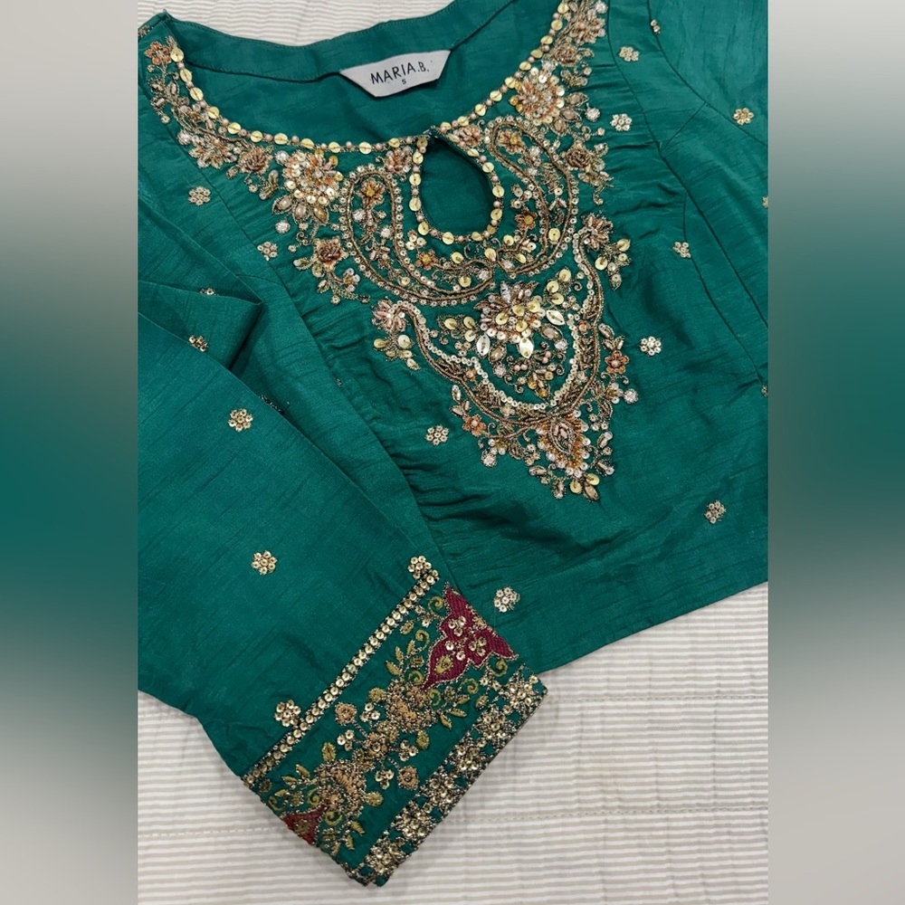 MARIA.B. 3 Piece Embroidered Raw Silk Lehenga Choli/Party/wedding wear Pakistani - Picture 14 of 15